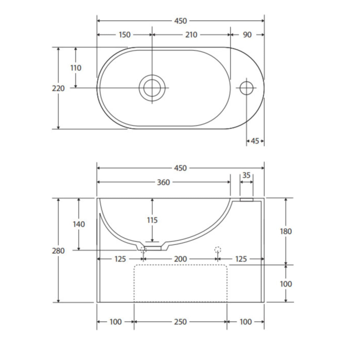 Fienza Ari Solid Surface Wall Basin, No Tap Hole
