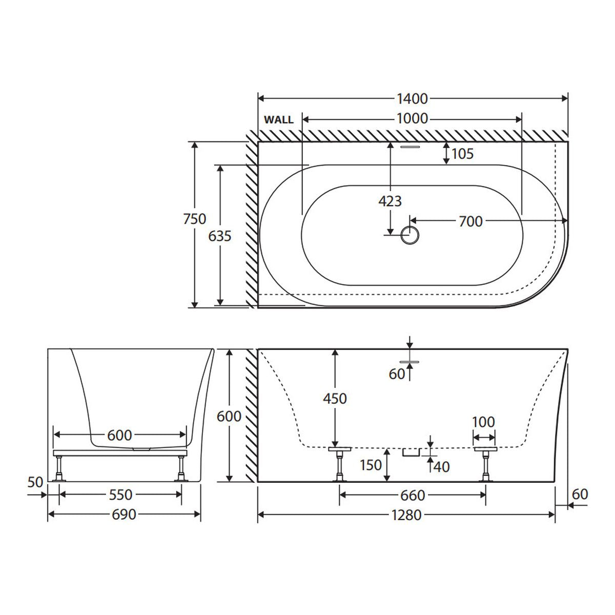 Chloe Right-Hand Acrylic Corner Bath with Overflow, 1400mm