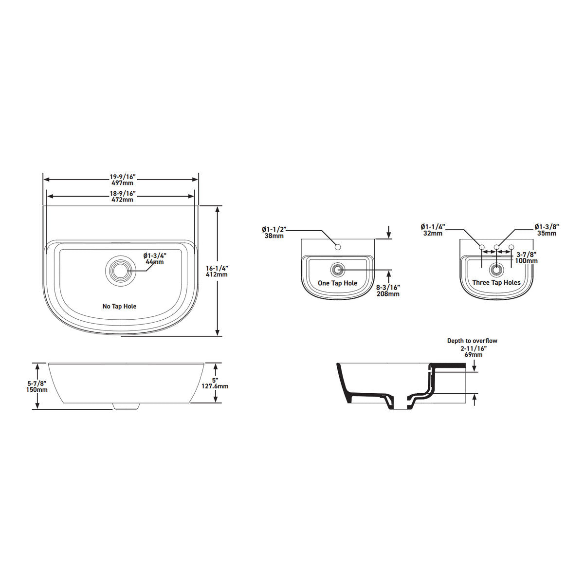 Victoria & Albert Lussari 50 Matt White Basin - 3 Tap Hole