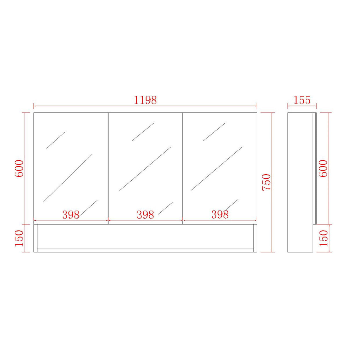 Fremantle Shaving Cabinet With Underneath Shelf, Matte Black, 1200mm