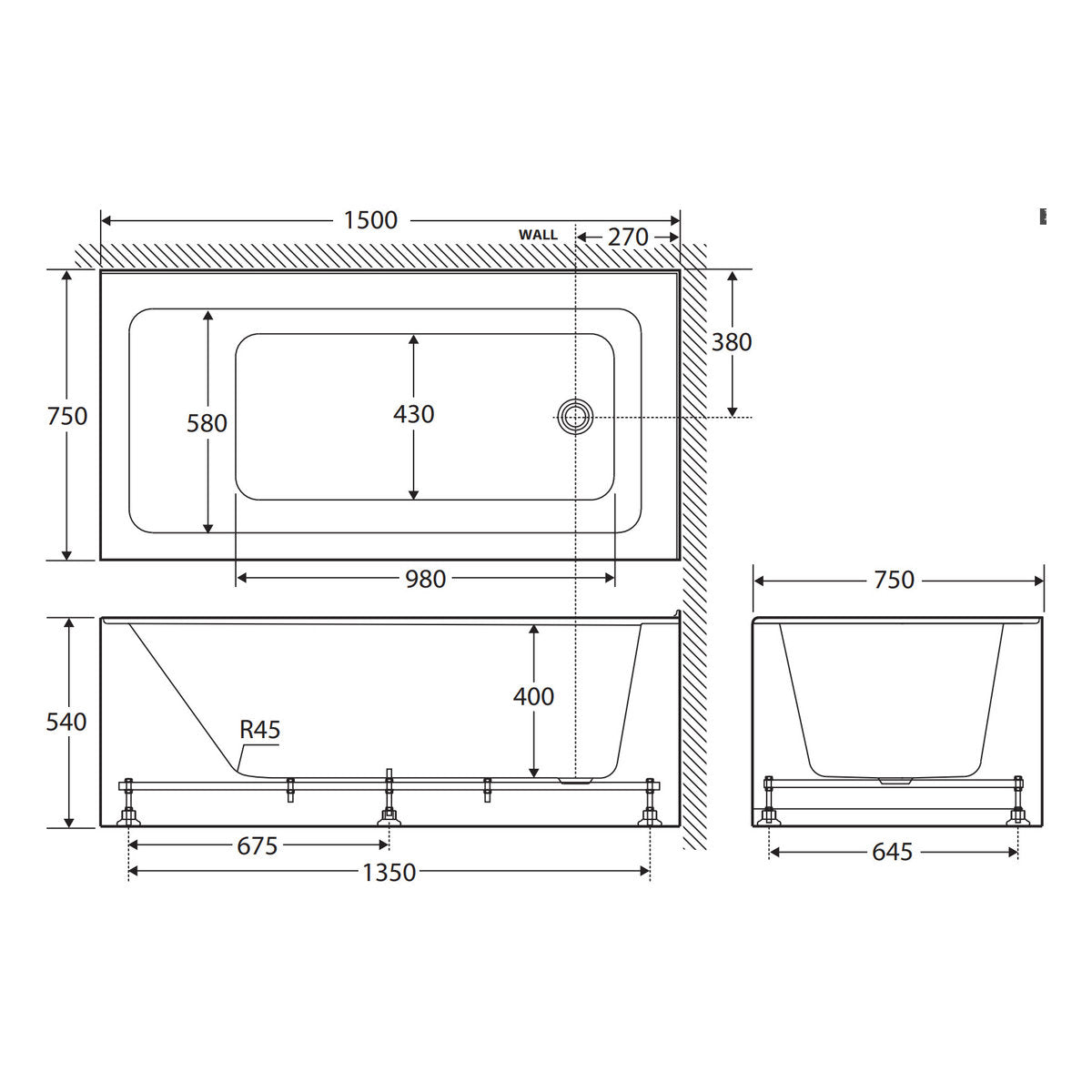 Fienza Sentor Left-Hand Acrylic Corner Bath, 1500mm