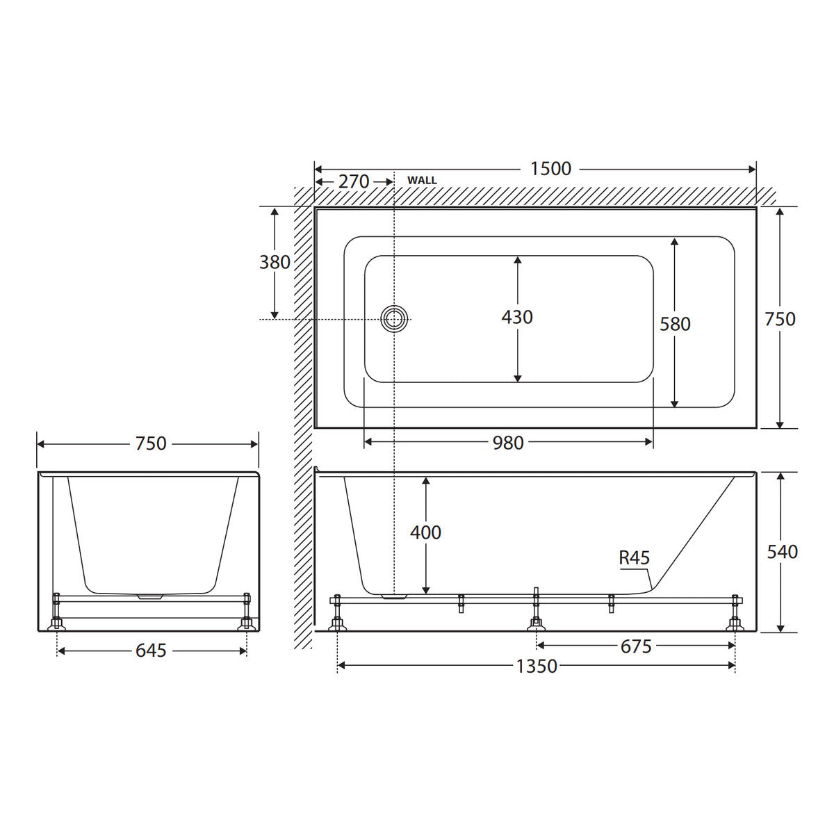 Fienza Sentor Right-Hand Acrylic Corner Bath, 1500mm