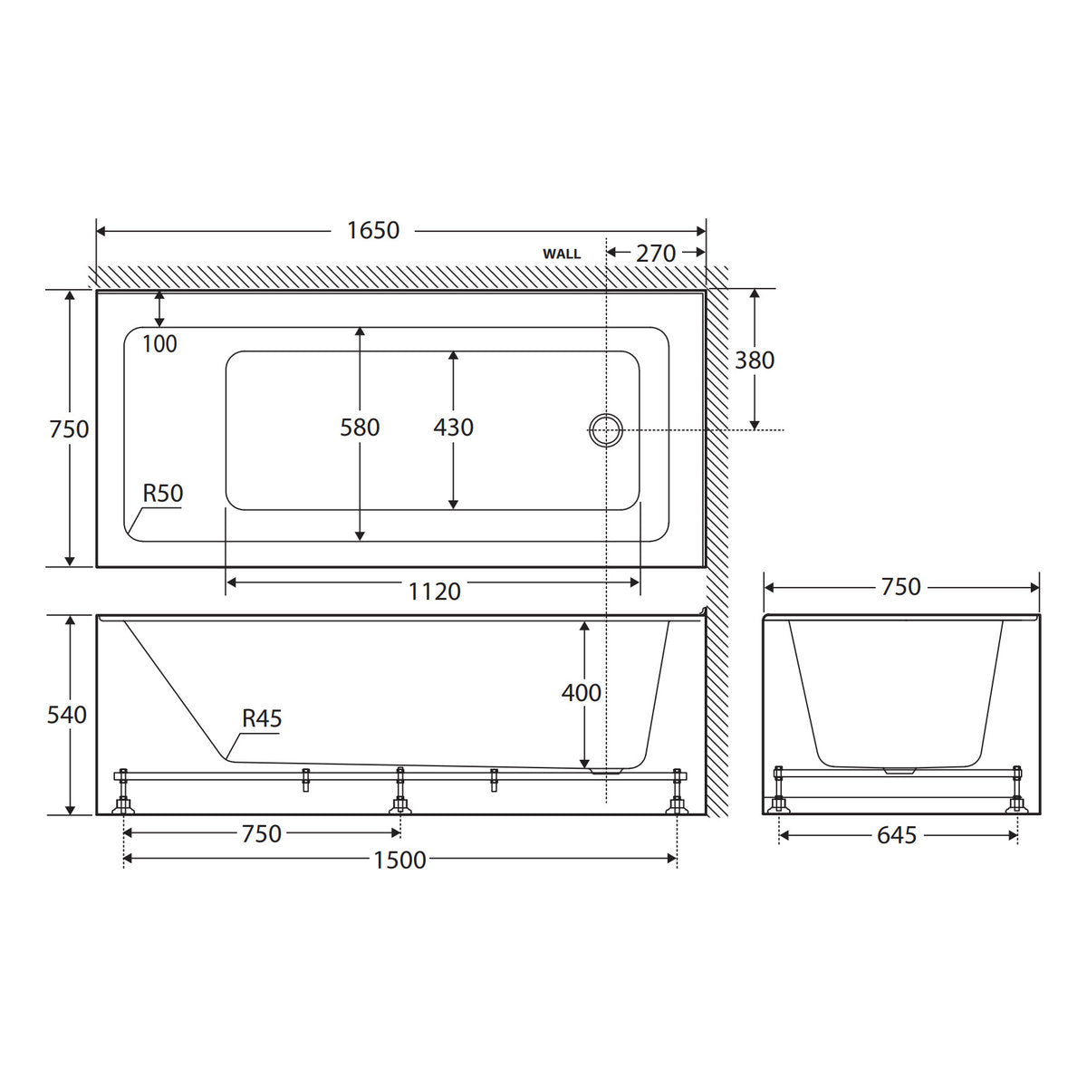 Fienza Sentor Left-Hand Acrylic Corner Bath, 1650mm