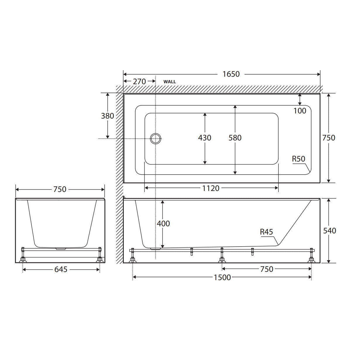 Fienza Sentor Right-Hand Acrylic Corner Bath, 1650mm