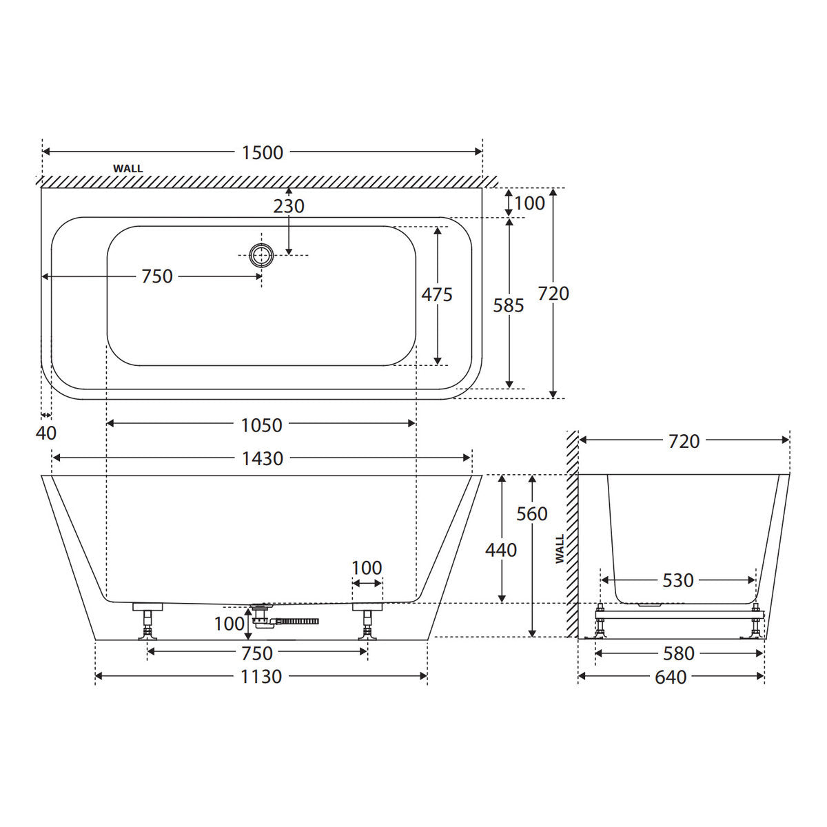 Fienza Delta Back-To-Wall Acrylic Bath, Gloss White, 1500mm