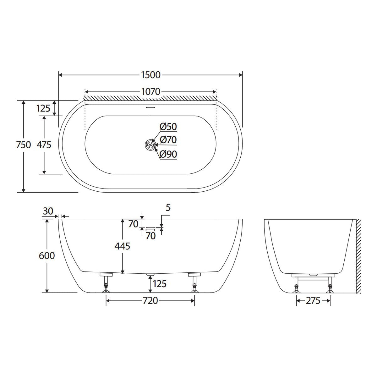 Dalia Back-to-Wall Acrylic Bath with Overflow, 1500mm