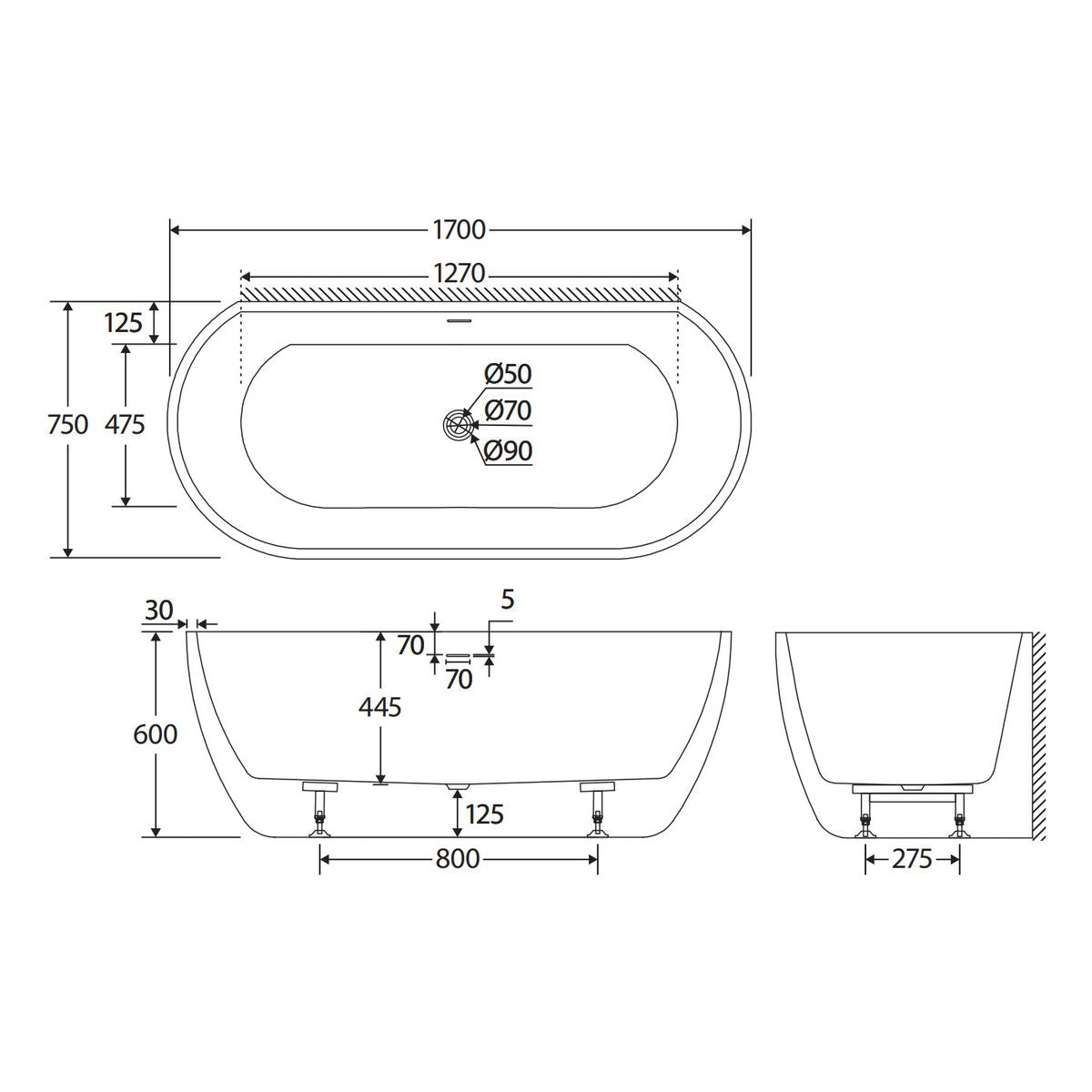 Dalia Back-to-Wall Acrylic Bath with Overflow, 1700mm