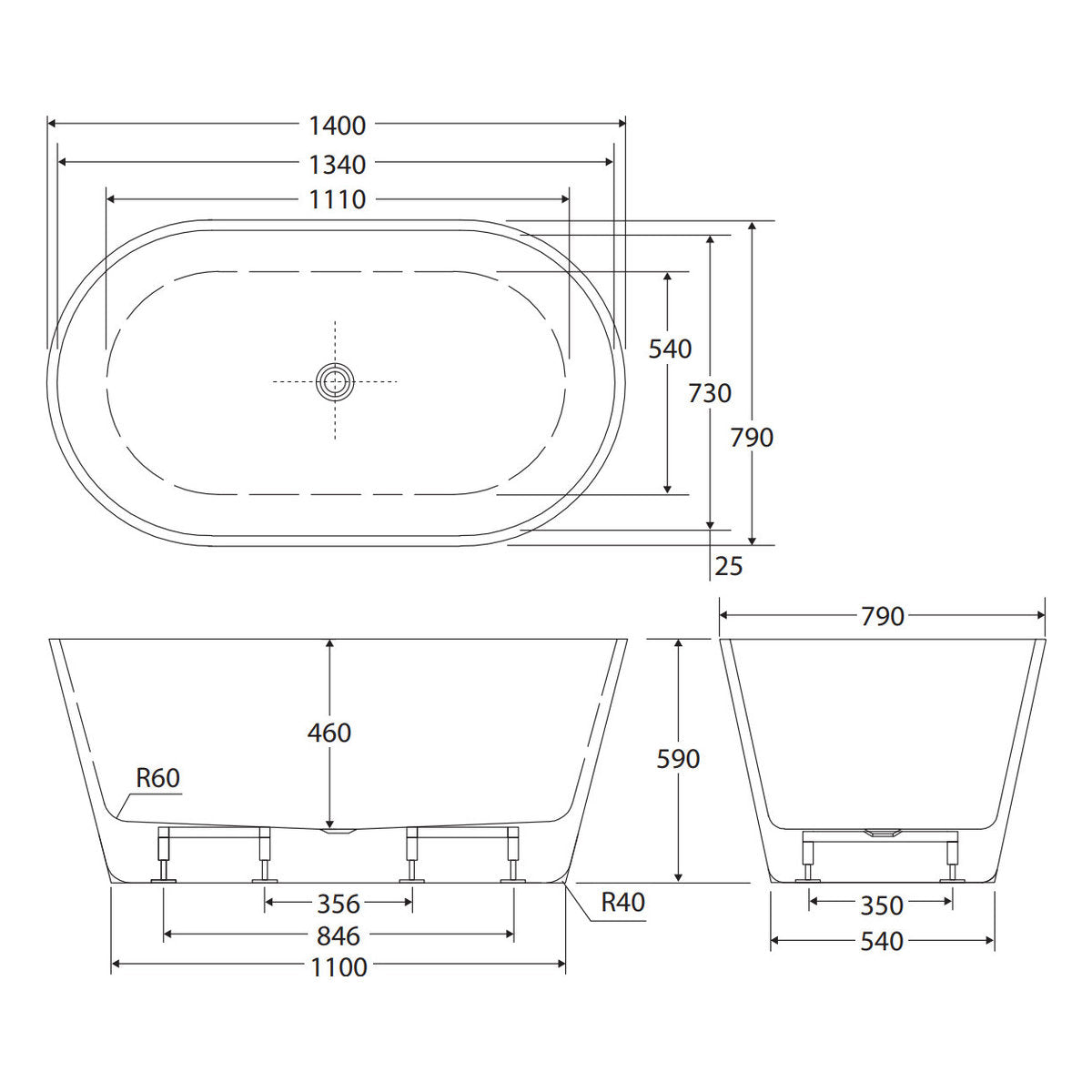 Fienza Austin Freestanding Acrylic Bath, 1400mm