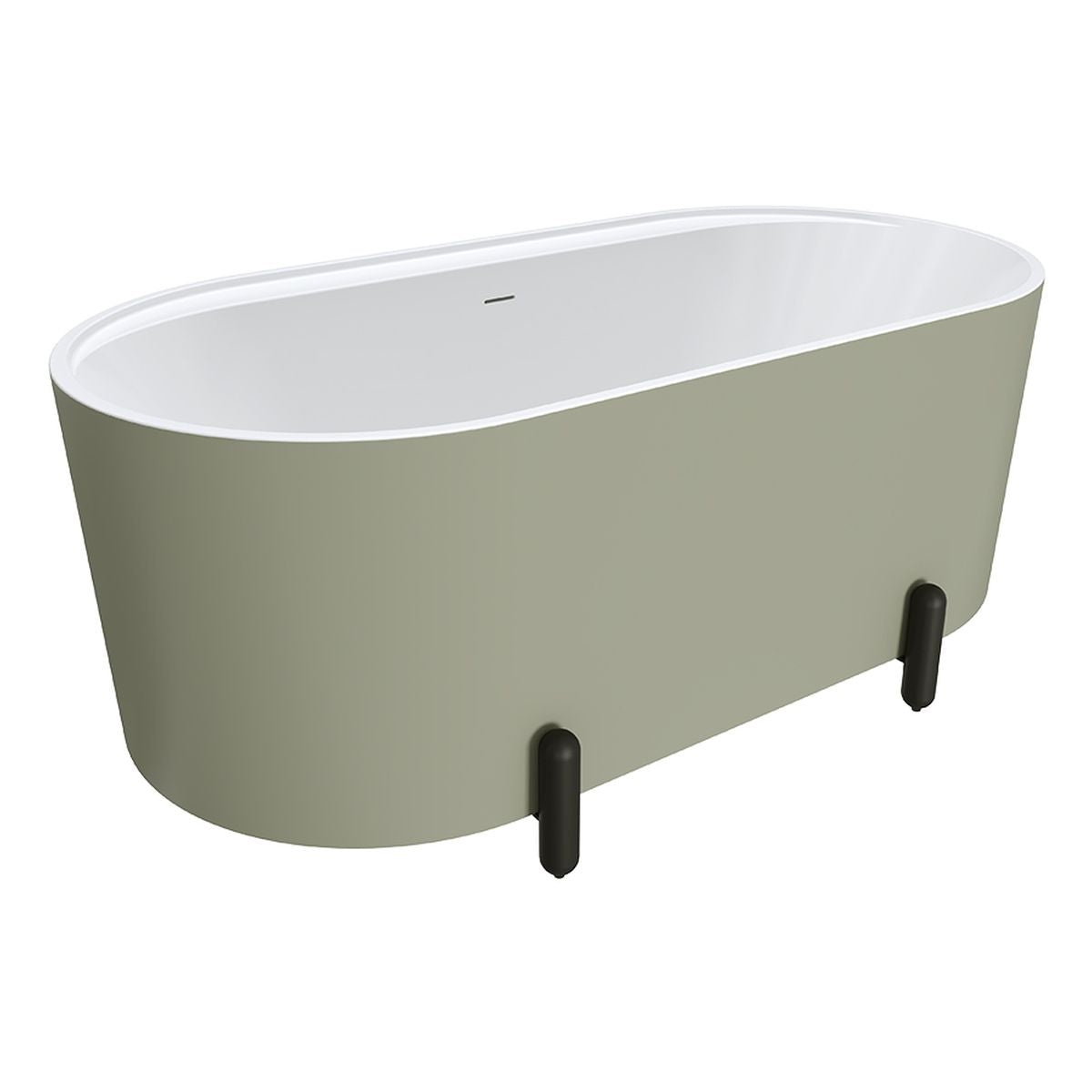 Fienza Aluca Freestanding Bath, 1500mm Matte Olive with Matte Black Legs with Overflow