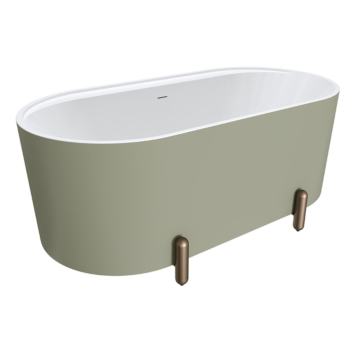 Fienza Aluca Freestanding Bath, 1500mm Matte Olive with Brushed Copper Legs with Overflow
