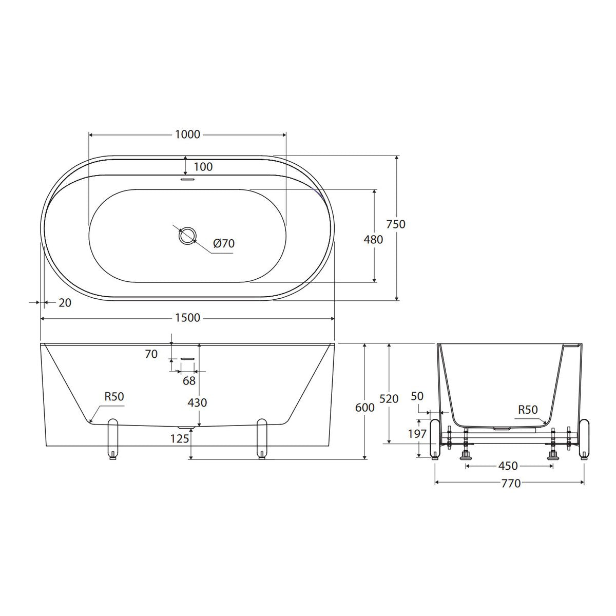 Fienza Aluca Freestanding Bath, 1500mm Matte Olive with Brushed Nickel Legs with Overflow