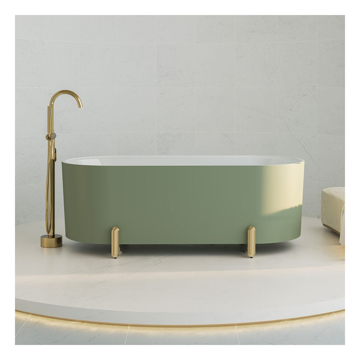 Fienza Aluca Freestanding Bath, 1700mm Matte Olive with Urban Brass Legs with Overflow