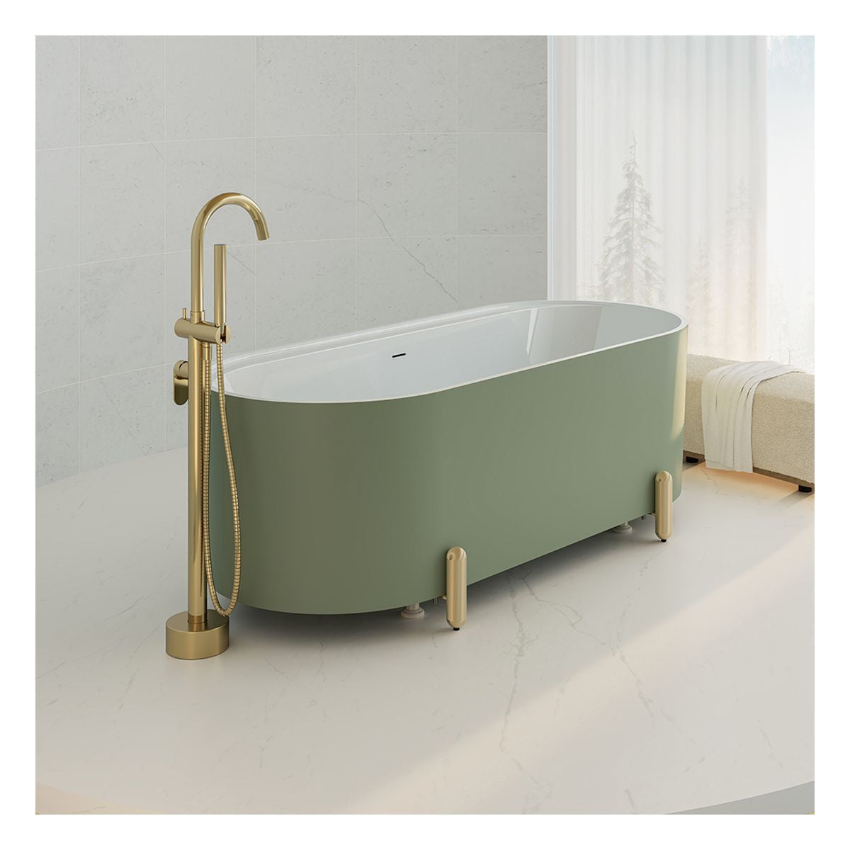 Fienza Aluca Freestanding Bath, 1700mm Matte Olive with Urban Brass Legs with Overflow