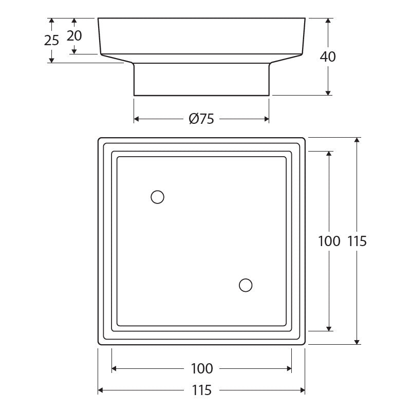 Square Tile Bed Floor Waste, 75mm Outlet, Matte Black