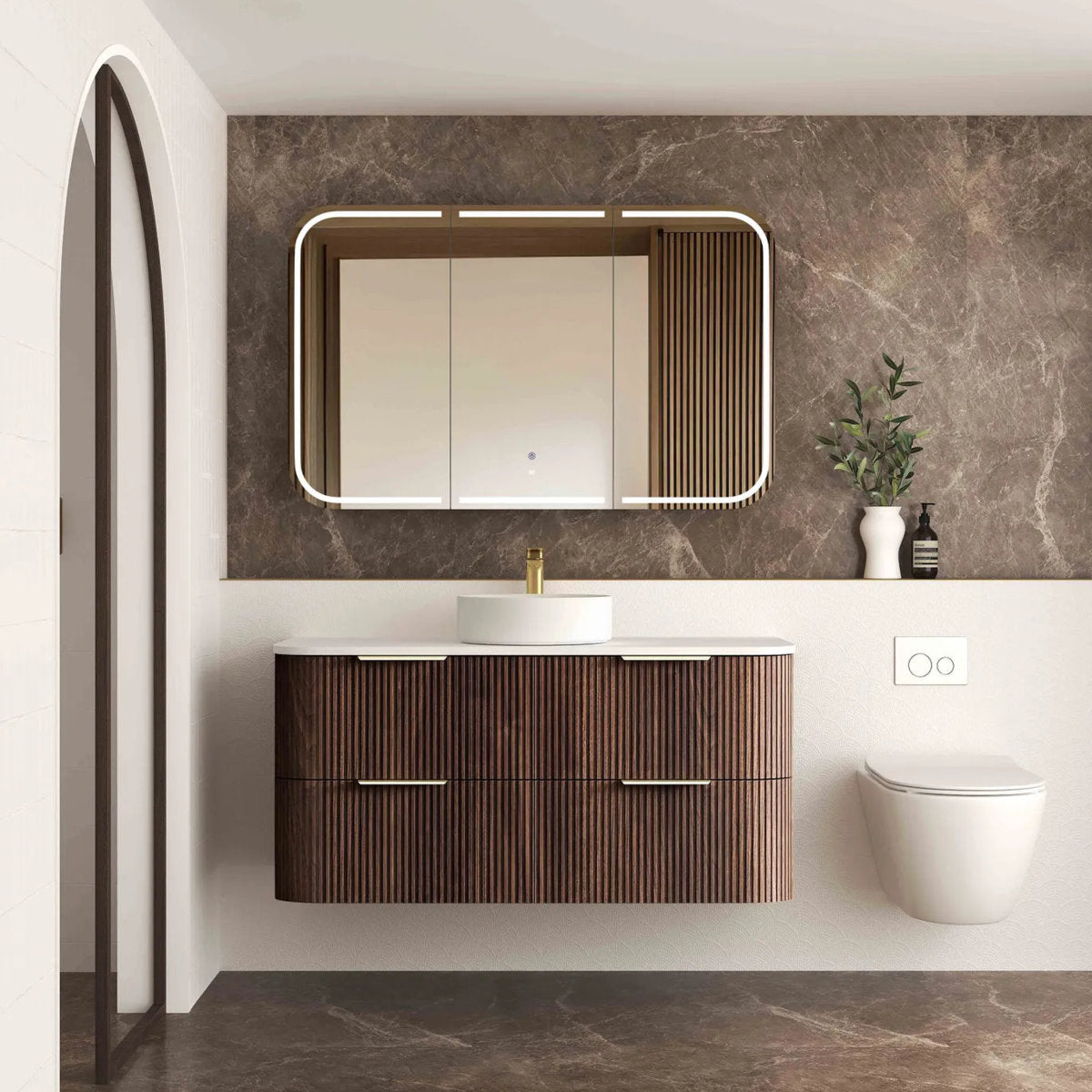 Otti Havana 1200mm Sable Walnut Fluted Wall Hung Fluted Curve Vanity
