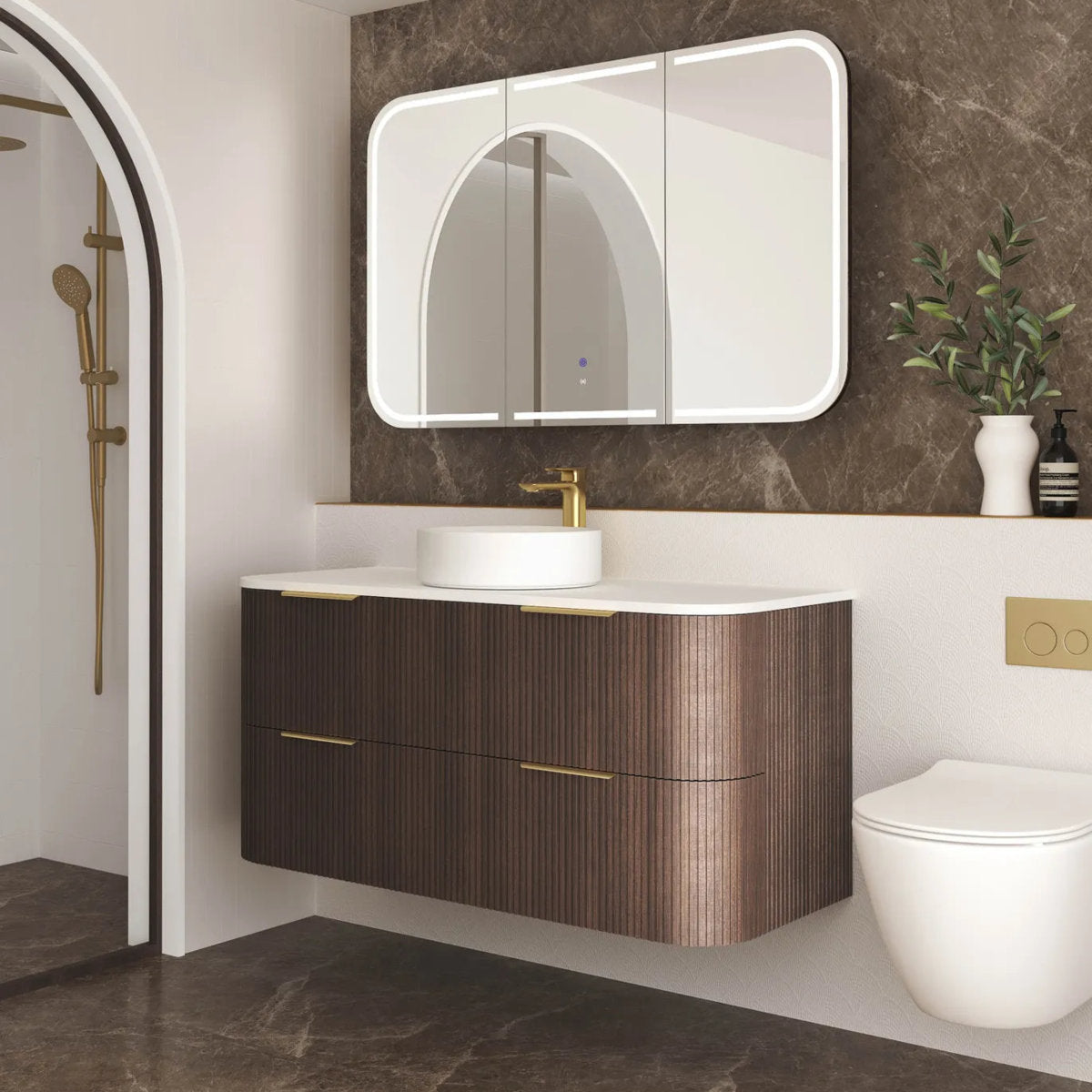 Otti Havana 1200mm Sable Walnut Fluted Wall Hung Fluted Curve Vanity