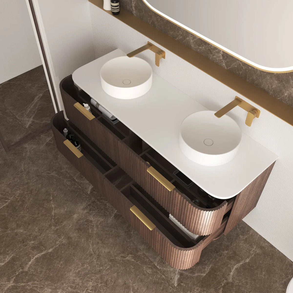 Otti Havana 1500mm Sable Walnut Fluted Wall Hung Fluted Curve Vanity