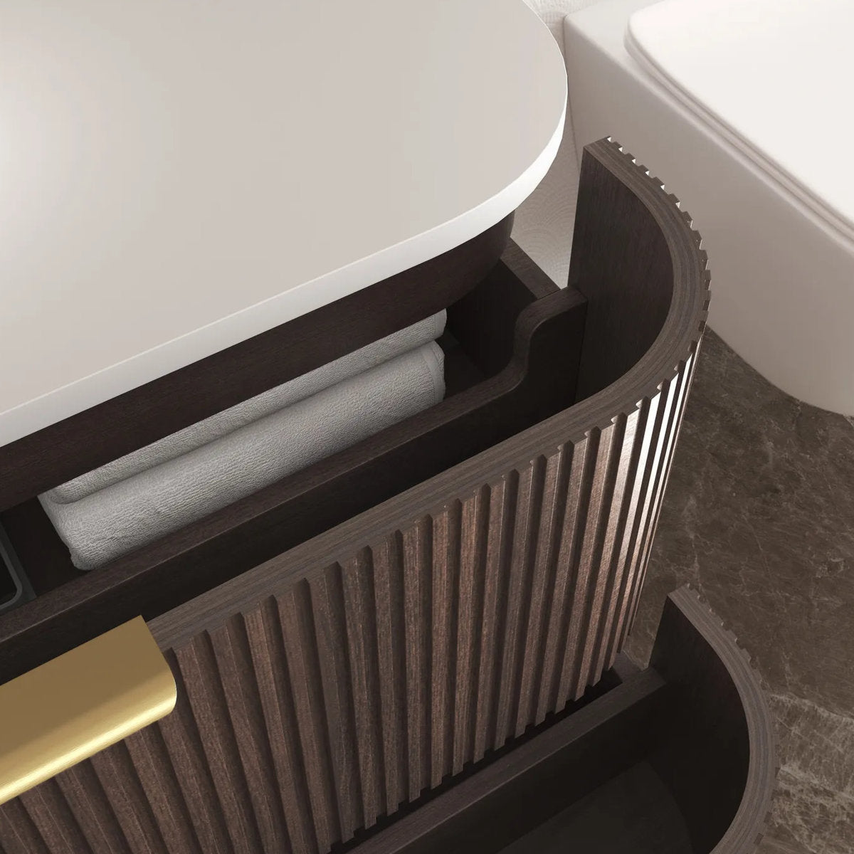 Otti Havana 1800mm Sable Walnut Fluted Wall Hung Fluted Curve Vanity