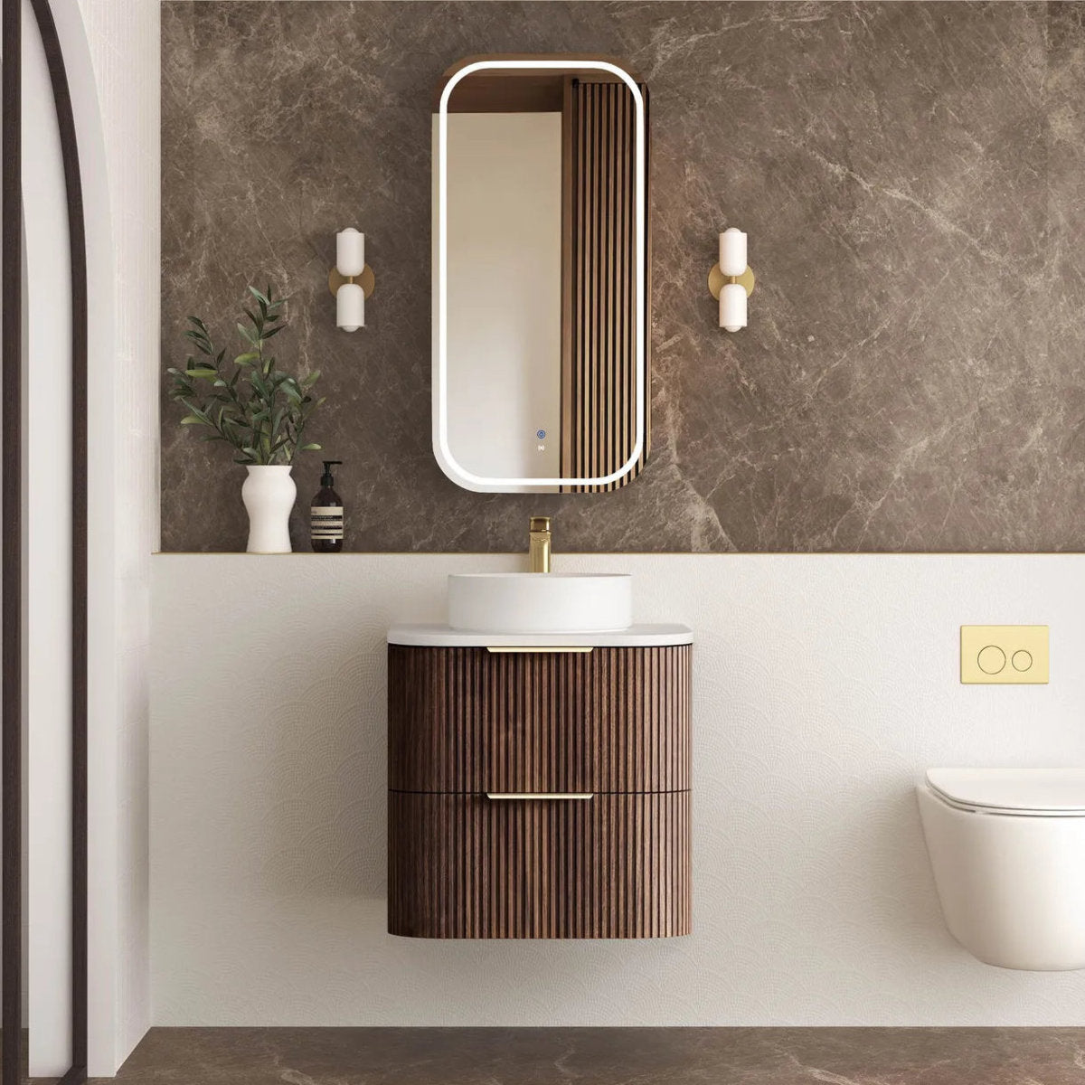 Otti Havana 600mm Sable Walnut Fluted Wall Hung Fluted Curve Vanity