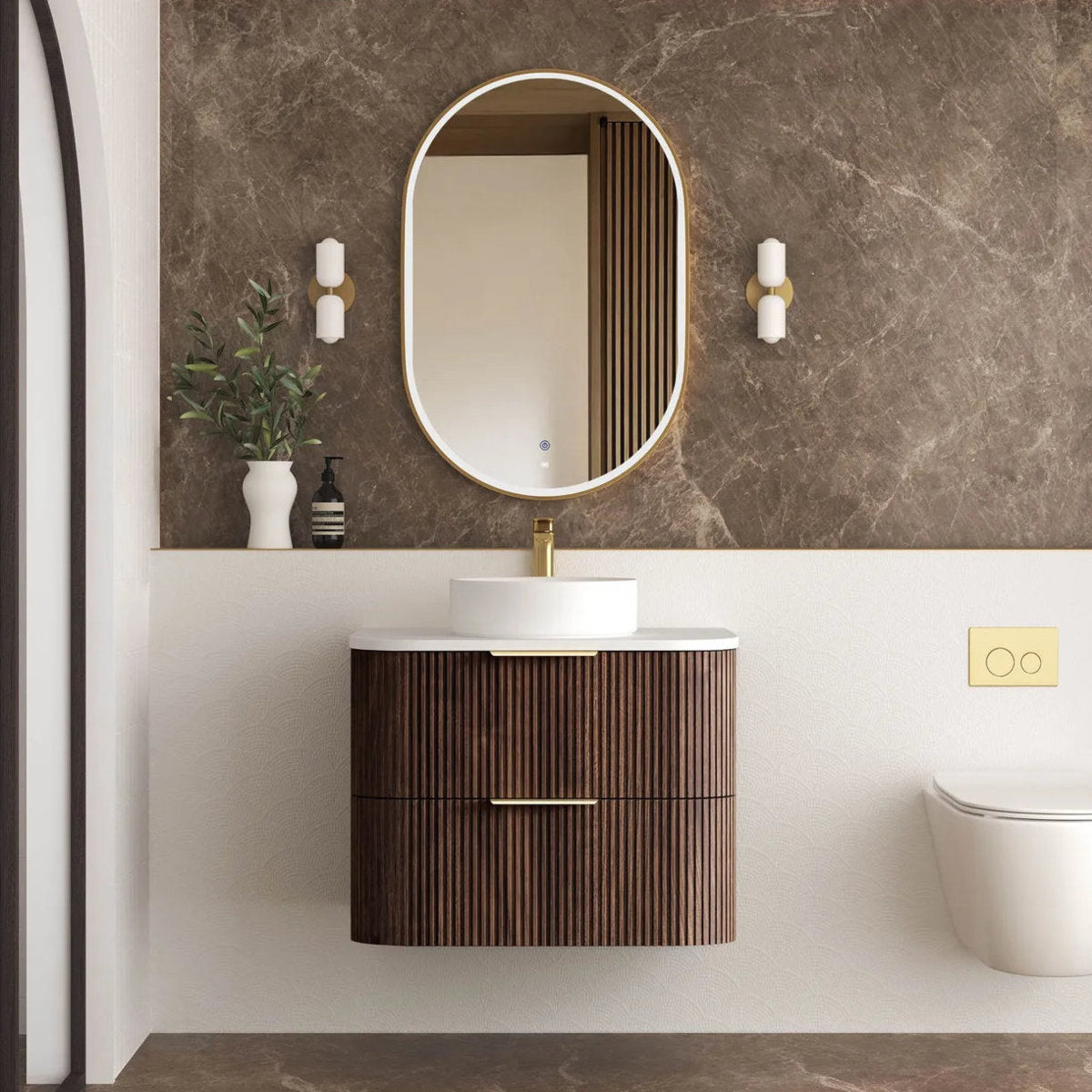 Otti Havana 750mm Sable Walnut Fluted Wall Hung Fluted Curve Vanity