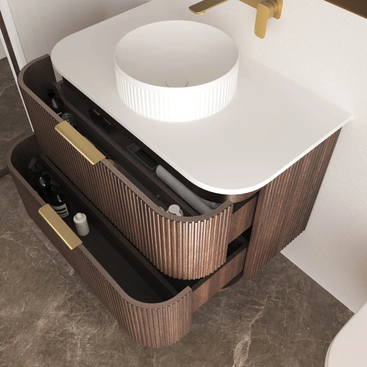 Otti Havana 750mm Sable Walnut Fluted Wall Hung Fluted Curve Vanity