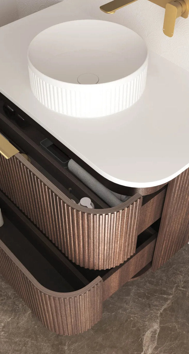 Otti Havana 750mm Sable Walnut Fluted Wall Hung Fluted Curve Vanity