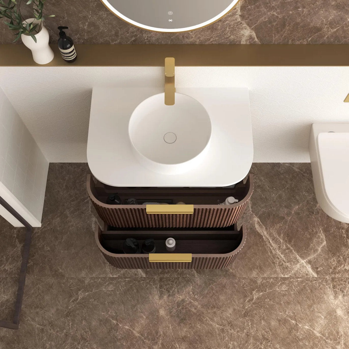 Otti Havana 750mm Sable Walnut Fluted Wall Hung Fluted Curve Vanity