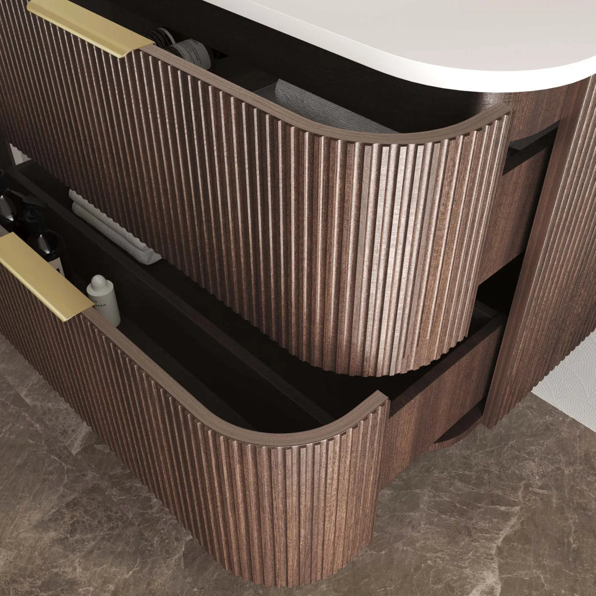 Otti Havana 750mm Sable Walnut Fluted Wall Hung Fluted Curve Vanity