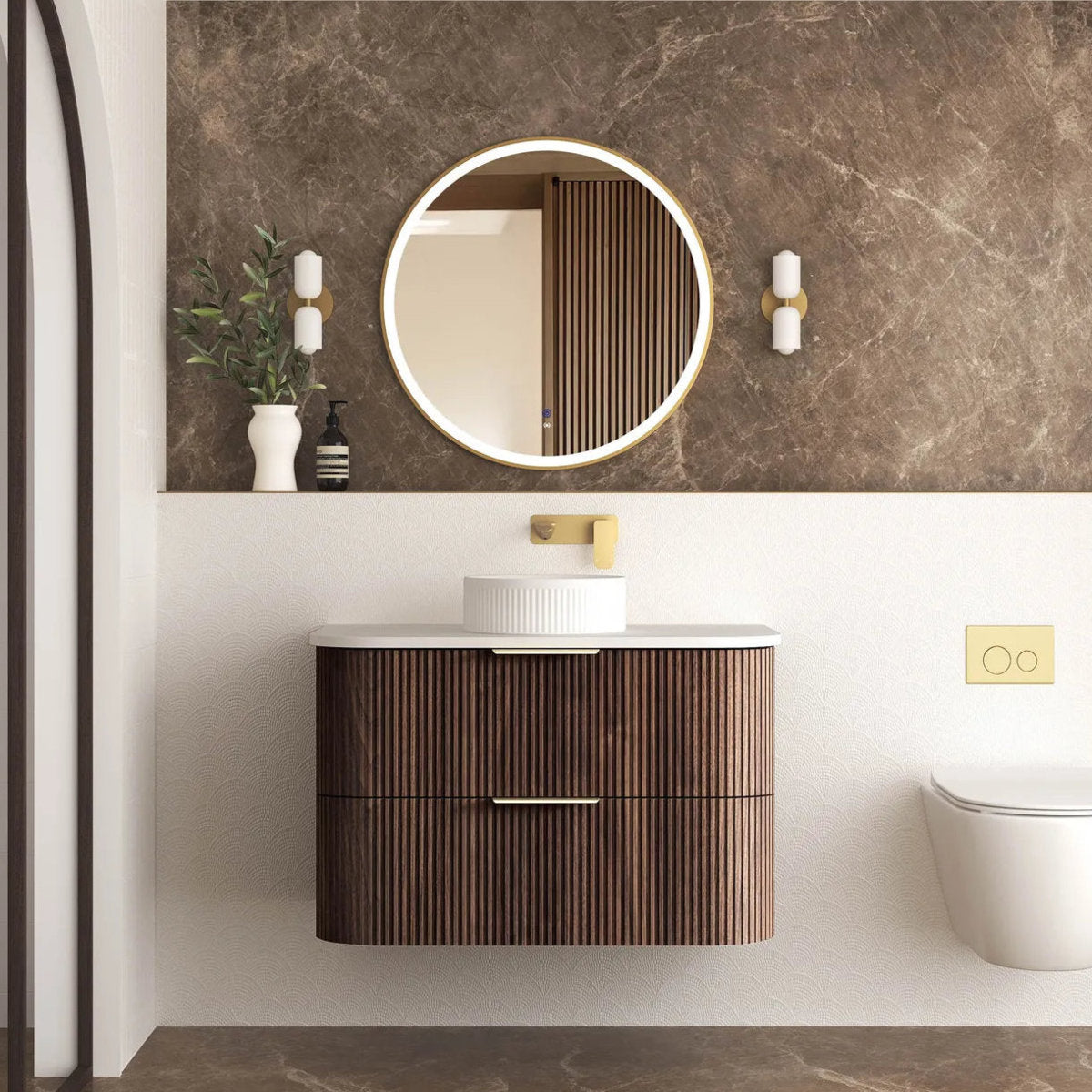 Otti Havana 900mm Sable Walnut Fluted Wall Hung Fluted Curve Vanity