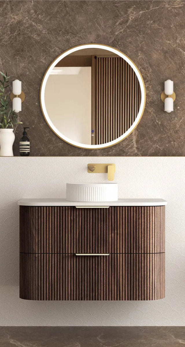Otti Havana 900mm Sable Walnut Fluted Wall Hung Fluted Curve Vanity
