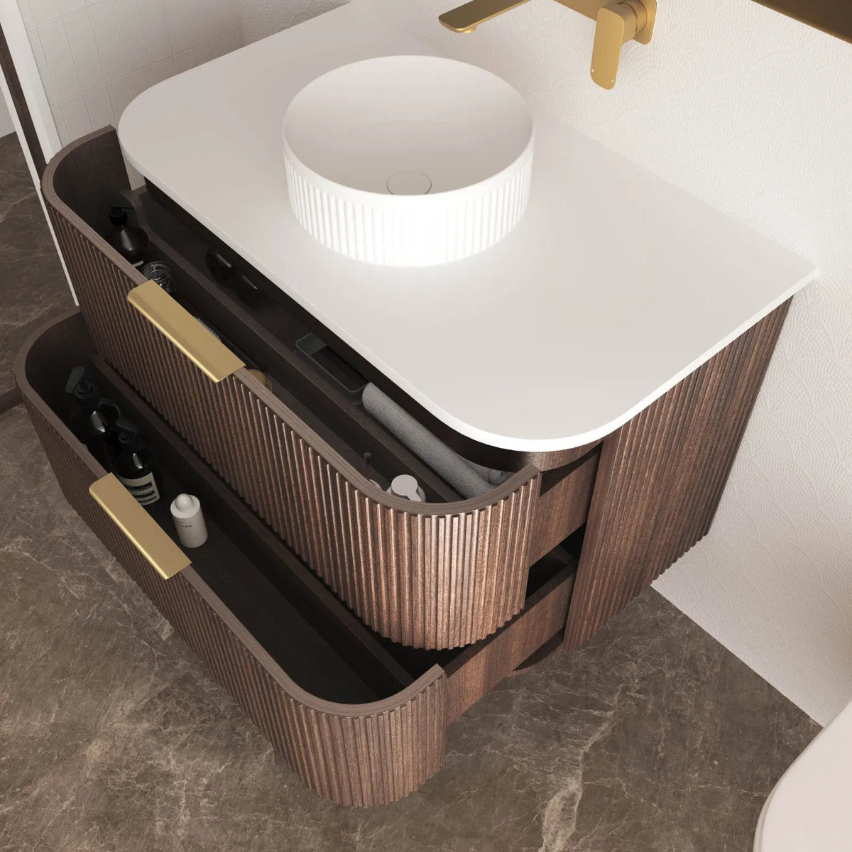 Otti Havana 900mm Sable Walnut Fluted Wall Hung Fluted Curve Vanity
