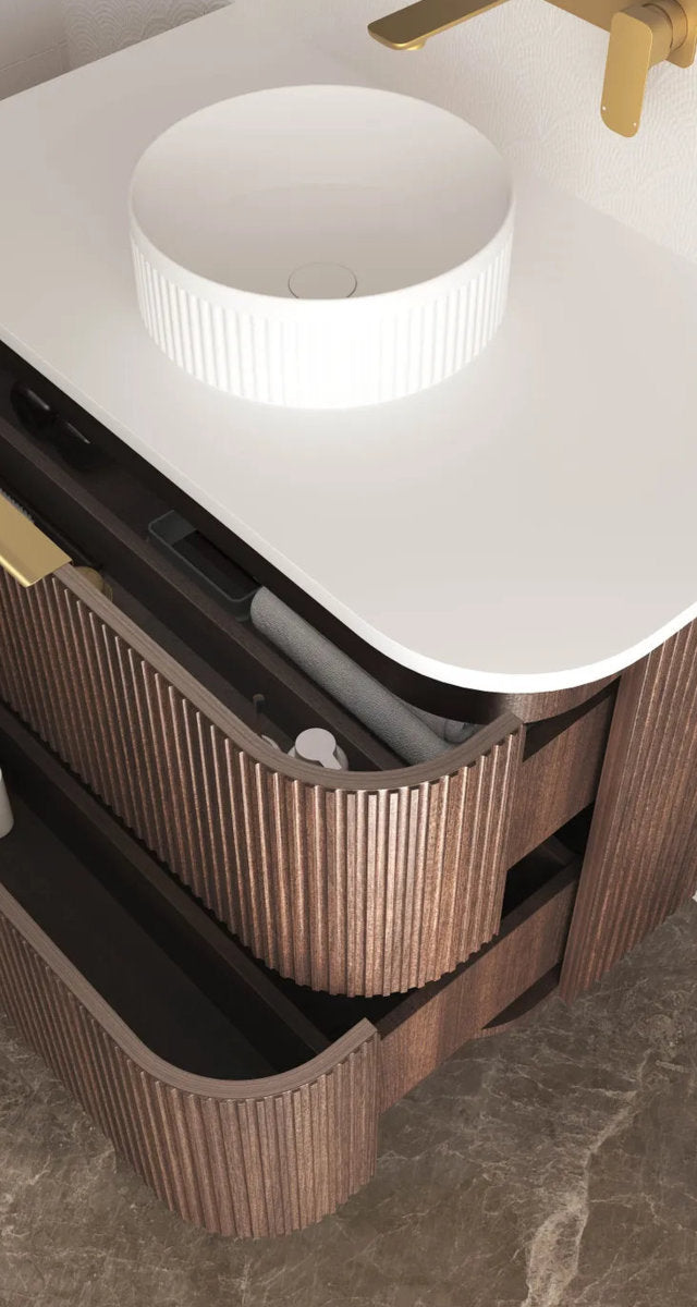 Otti Havana 900mm Sable Walnut Fluted Wall Hung Fluted Curve Vanity