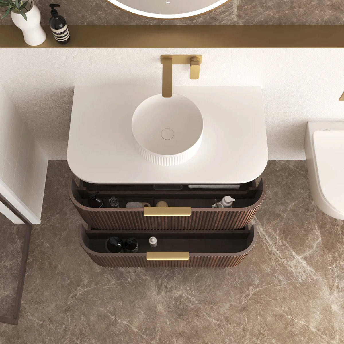Otti Havana 900mm Sable Walnut Fluted Wall Hung Fluted Curve Vanity