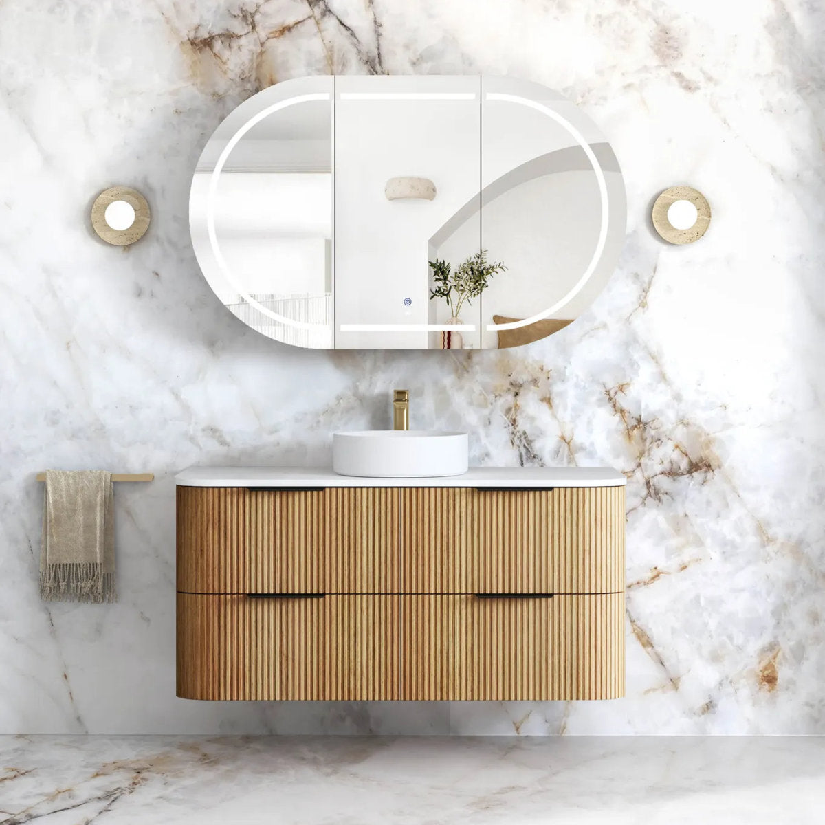 Otti Havana 1200mm Woodland Oak Fluted Wall Hung Fluted Curve Vanity