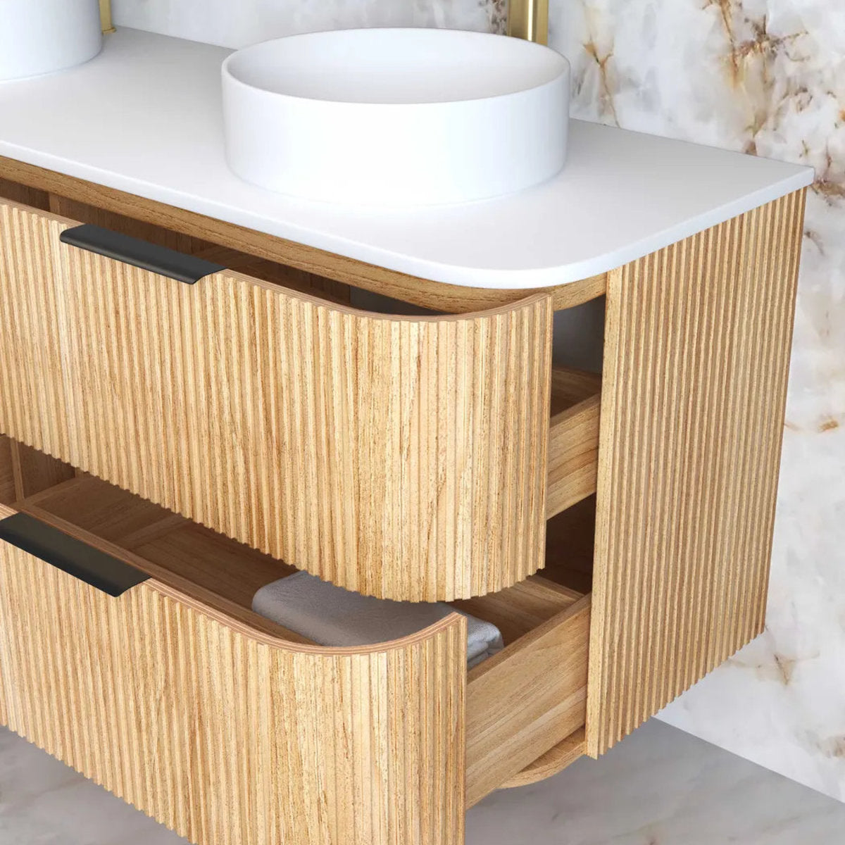 Otti Havana 1500mm Woodland Oak Fluted Wall Hung Fluted Curve Vanity