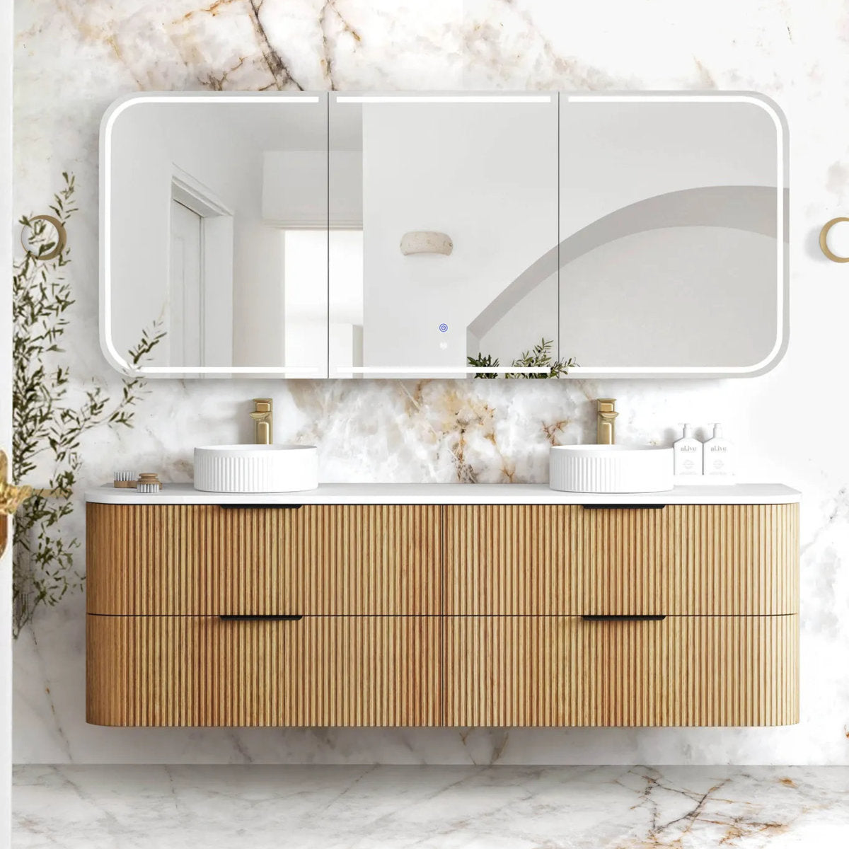 Otti Havana 1800mm Woodland Oak Fluted Wall Hung Fluted Curve Vanity