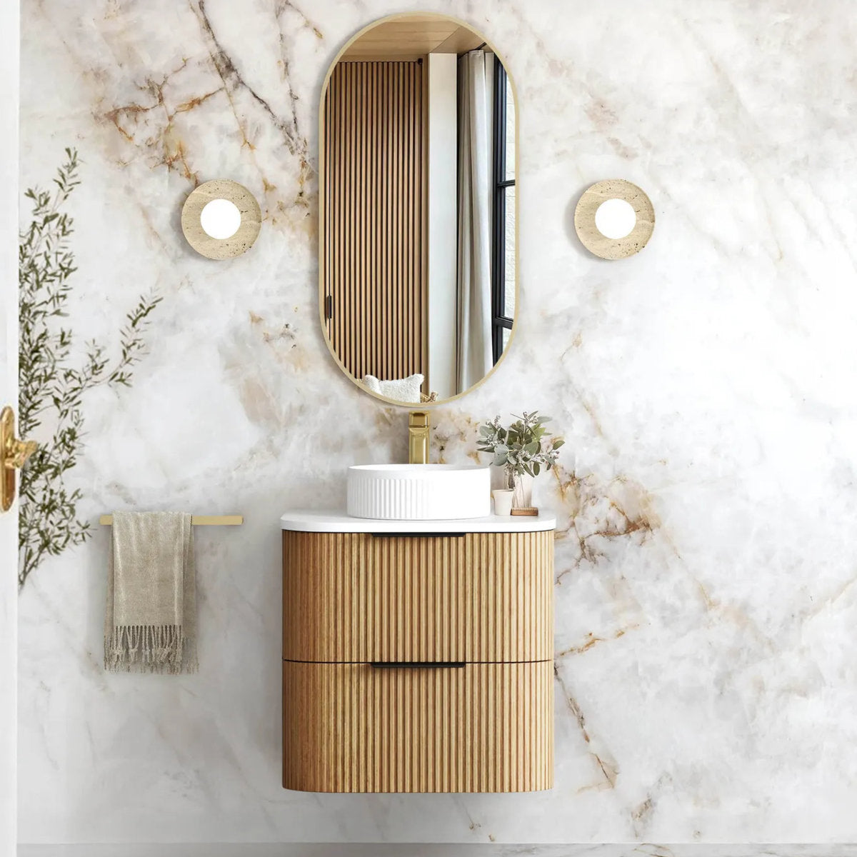 Otti Havana 600mm Woodland Oak Fluted Wall Hung Fluted Curve Vanity