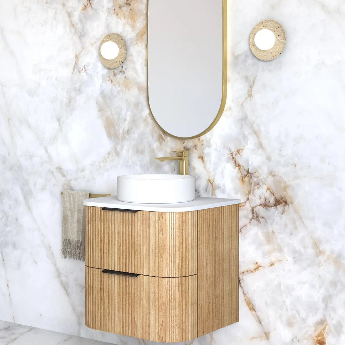 Otti Havana 600mm Woodland Oak Fluted Wall Hung Fluted Curve Vanity