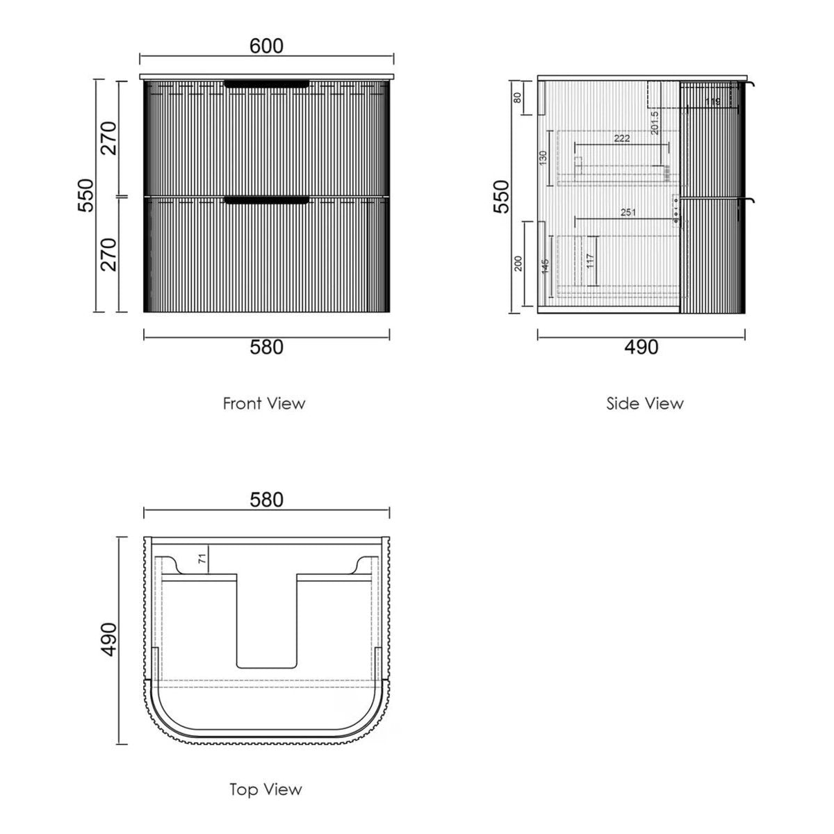 Otti Havana 600mm Woodland Oak Fluted Wall Hung Fluted Curve Vanity