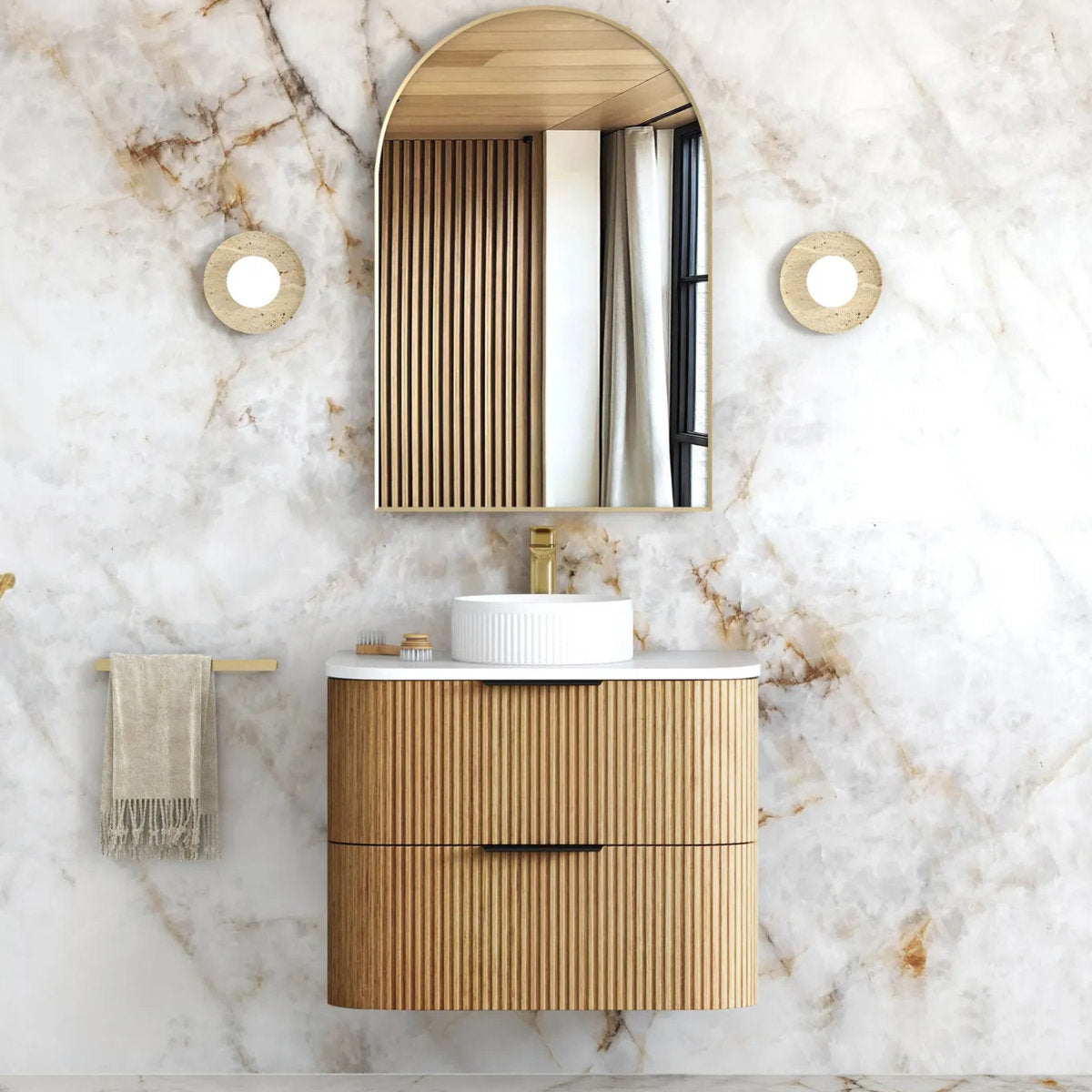 Otti Havana 750mm Woodland Oak Fluted Wall Hung Fluted Curve Vanity