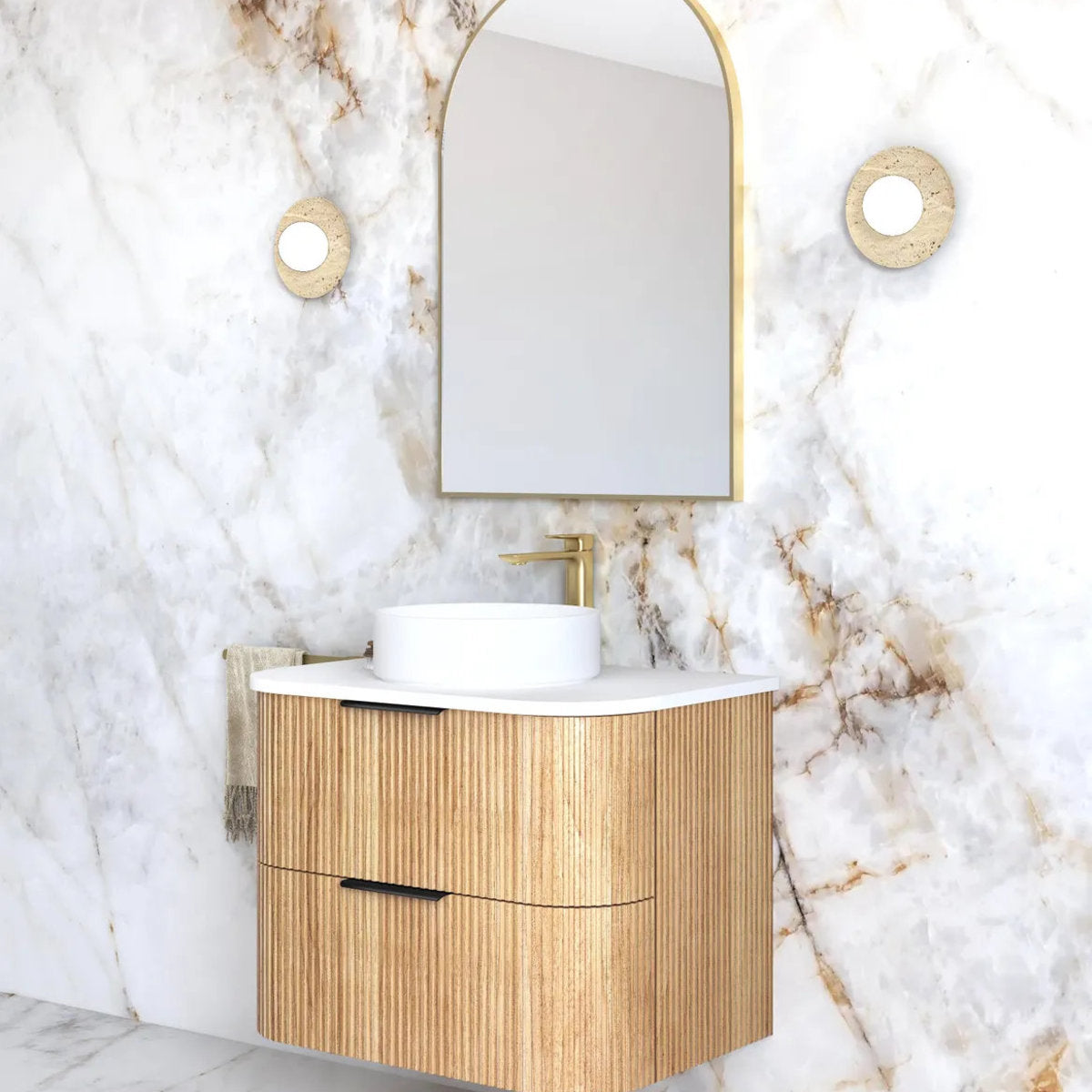 Otti Havana 750mm Woodland Oak Fluted Wall Hung Fluted Curve Vanity