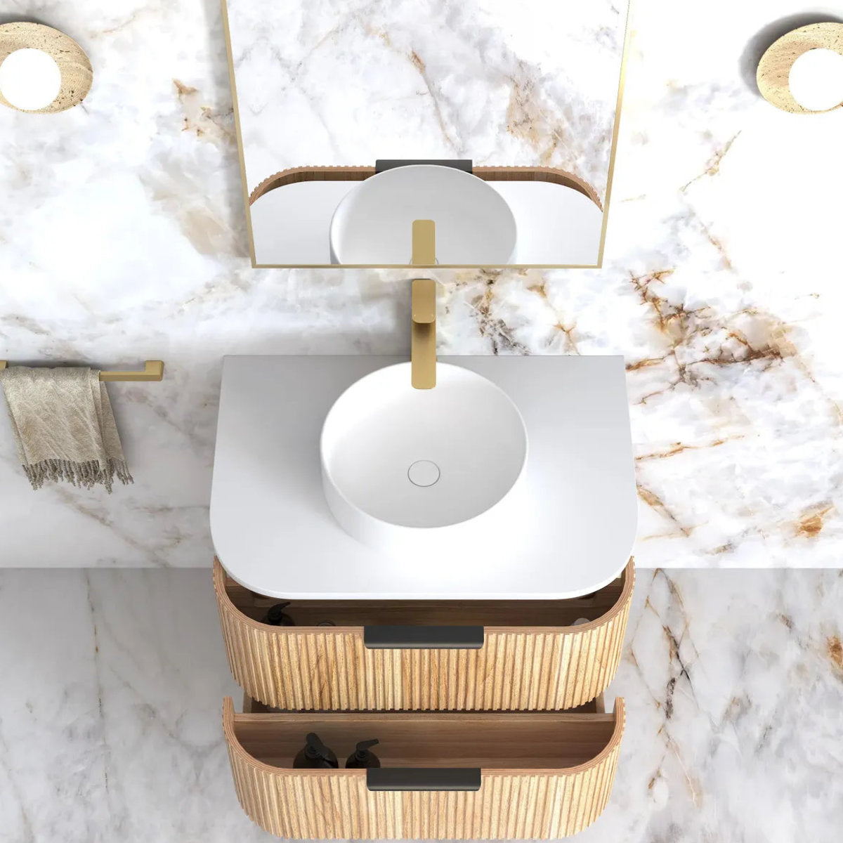 Otti Havana 750mm Woodland Oak Fluted Wall Hung Fluted Curve Vanity