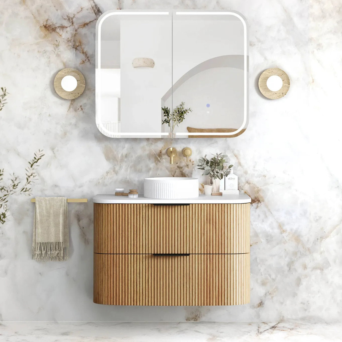 Otti Havana 900mm Woodland Oak Fluted Wall Hung Fluted Curve Vanity