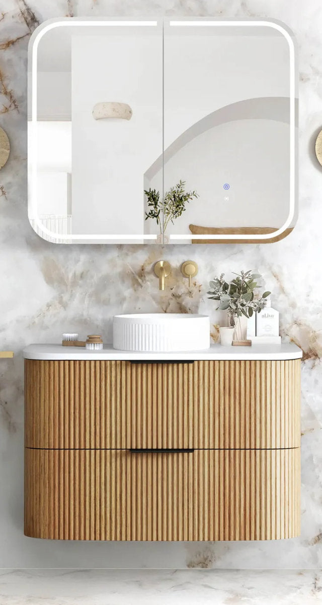 Otti Havana 900mm Woodland Oak Fluted Wall Hung Fluted Curve Vanity