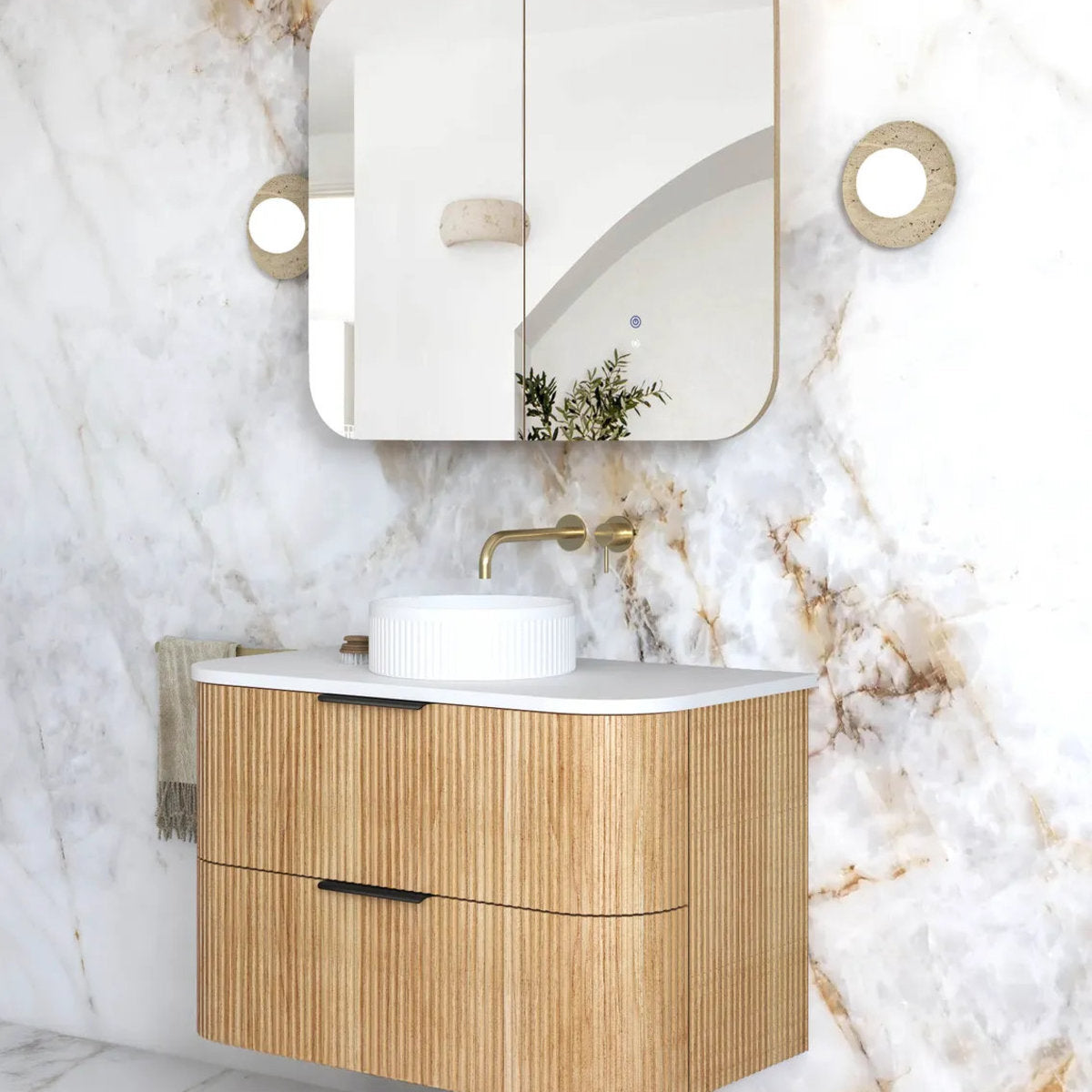 Otti Havana 900mm Woodland Oak Fluted Wall Hung Fluted Curve Vanity