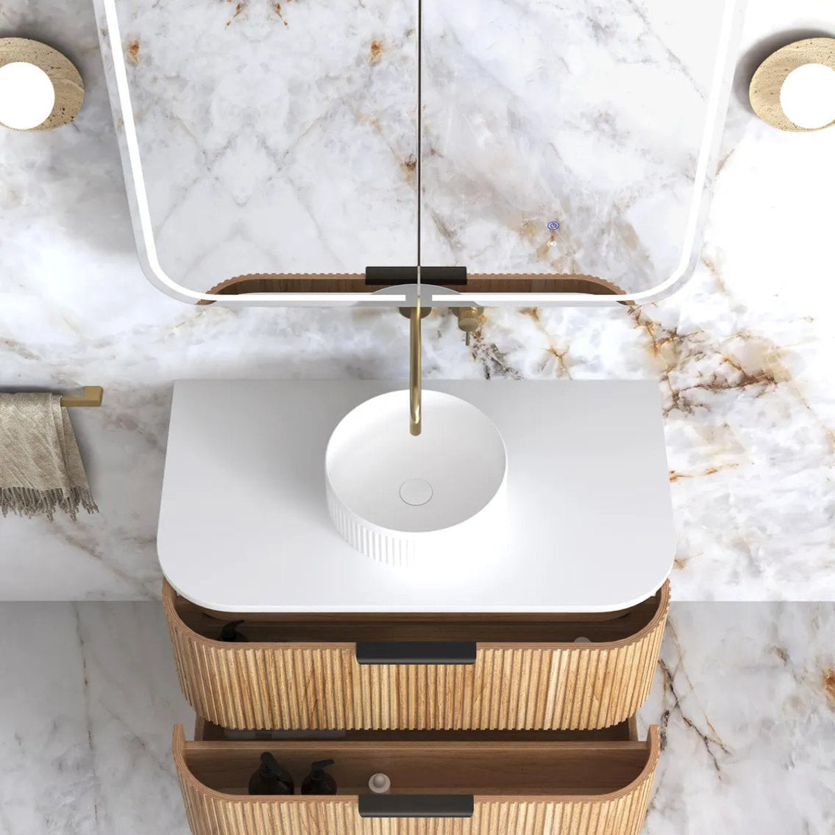 Otti Havana 900mm Woodland Oak Fluted Wall Hung Fluted Curve Vanity