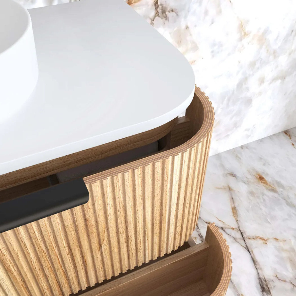Otti Havana 900mm Woodland Oak Fluted Wall Hung Fluted Curve Vanity