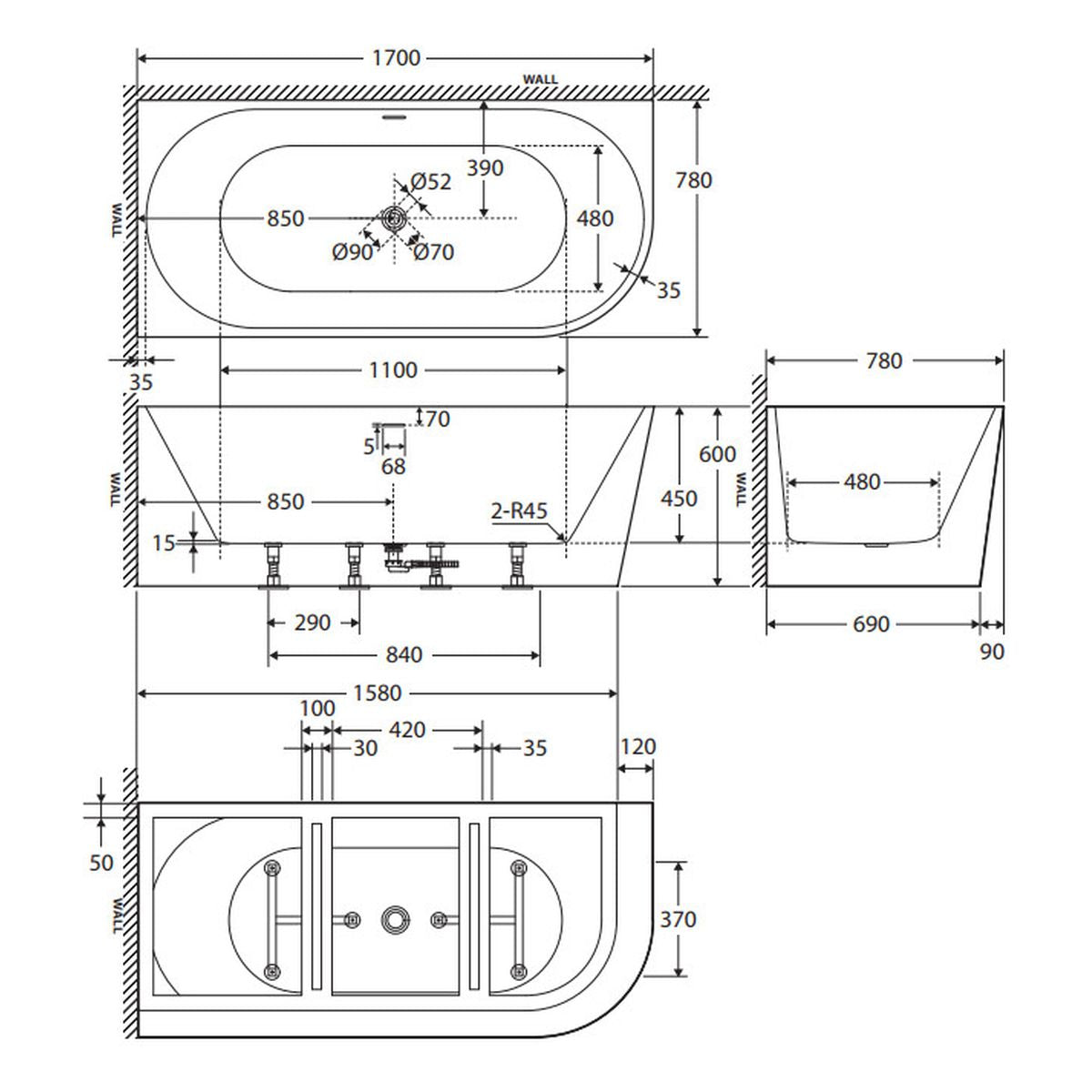 Isabella Right-Hand Acrylic Corner Bath with Overflow, Gloss White, 1700mm