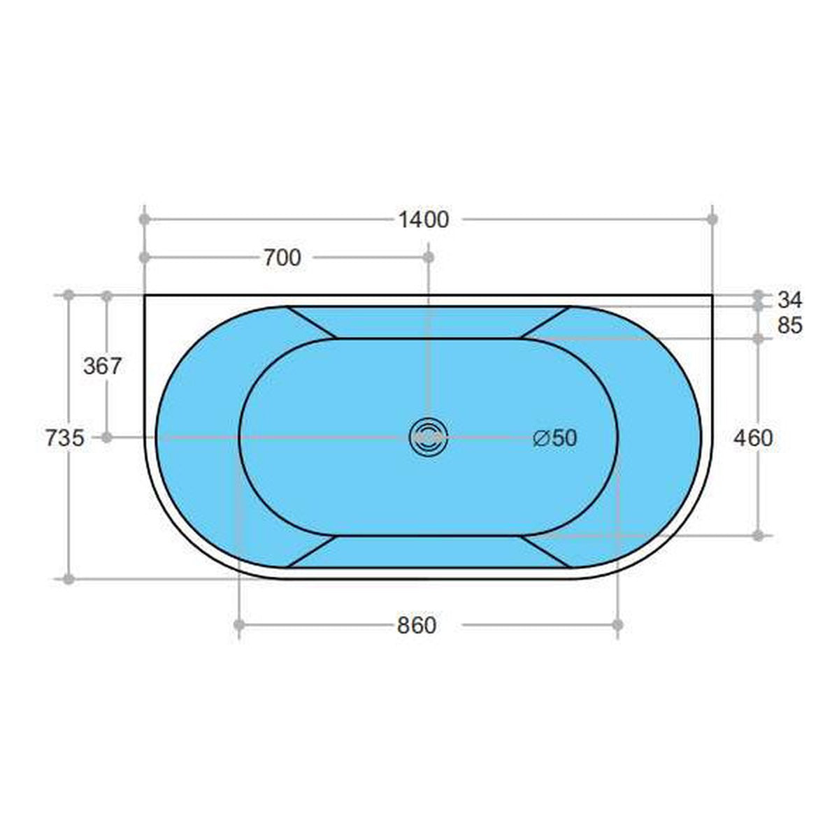 Stella 1400mm Back to Wall Bathtub, Matte Black Outside Matte White Inside