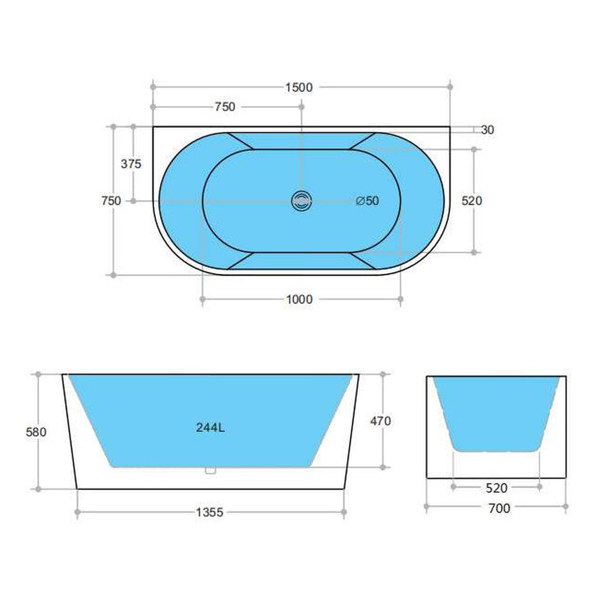 Stella 1500mm Back to Wall Bath, Matte White